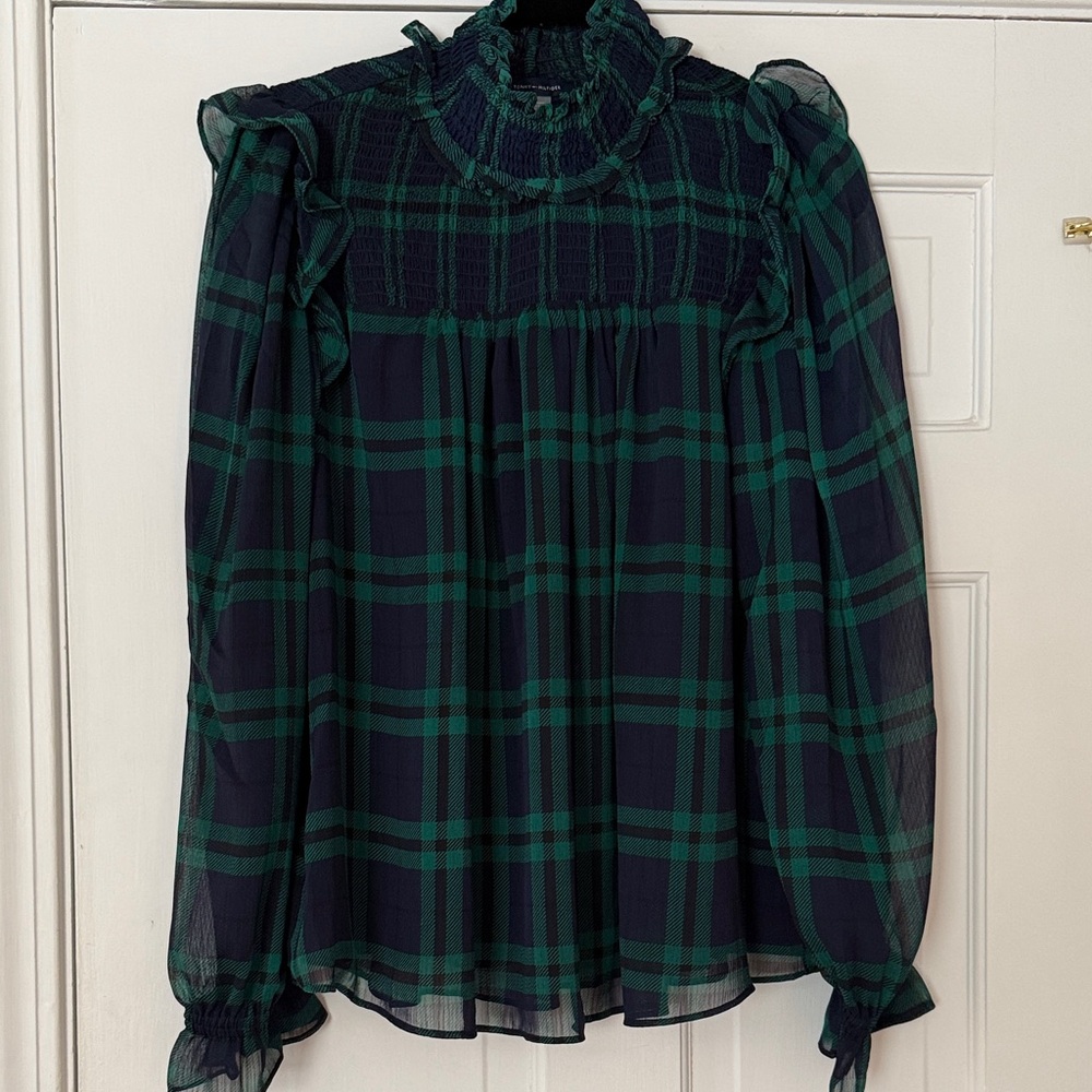 NWT Tommy Hilfiger Plaid Ruffled High-Neck Blouse in Dark Green and Navy